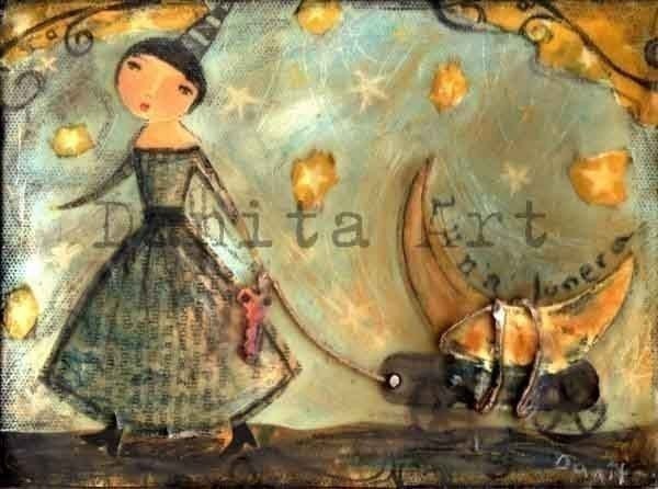 MOON KEEPER - Original Folk Art  Beeswax Encaustic Collage Portrait  of a Moon Lady (7x9 PRINT)