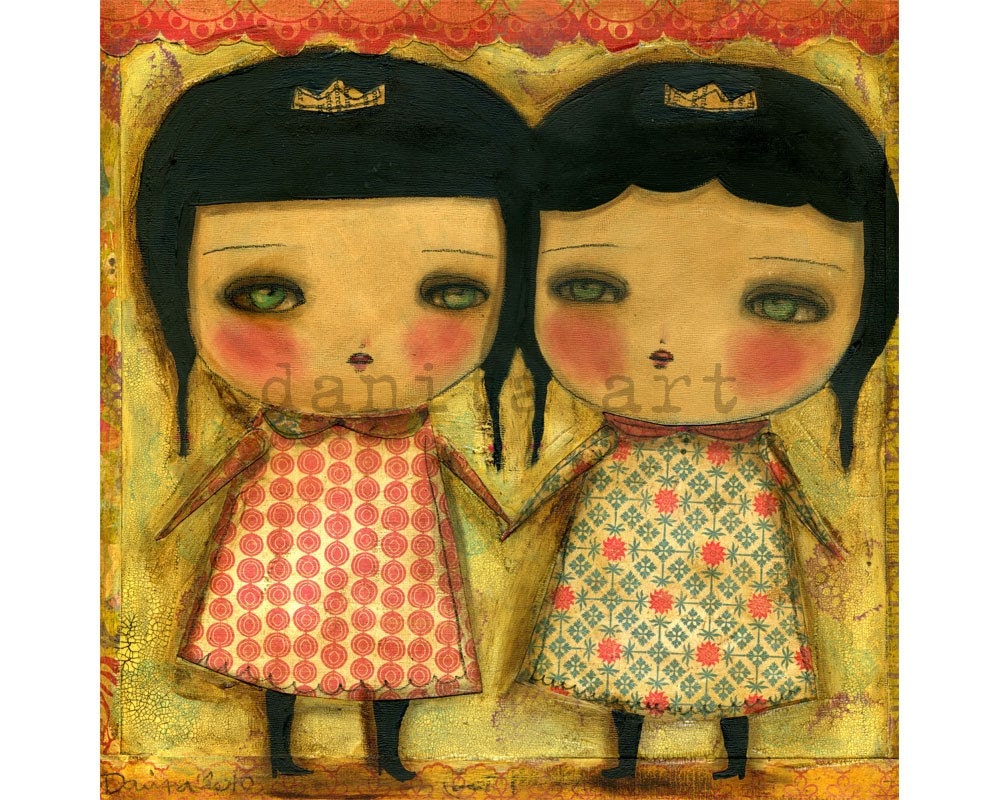 Best Friends - Print from Original Mixed Media Collage Painting By Danita - (8x8 INCHES)