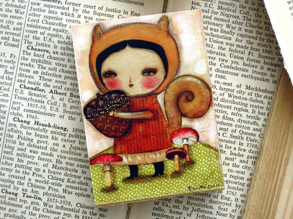 A Squirrel - ACEO Giclee Reproduction Mounted On Wood Block by Danita Art (2.5  x 3.5 Inches Print)