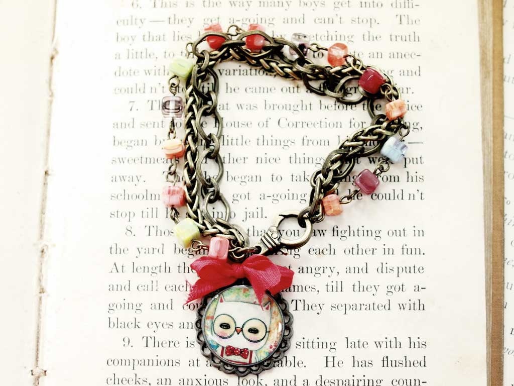 Leonardo the OWL - Original Ox Brass color Jewelry Bracelet Cameo by Danita
