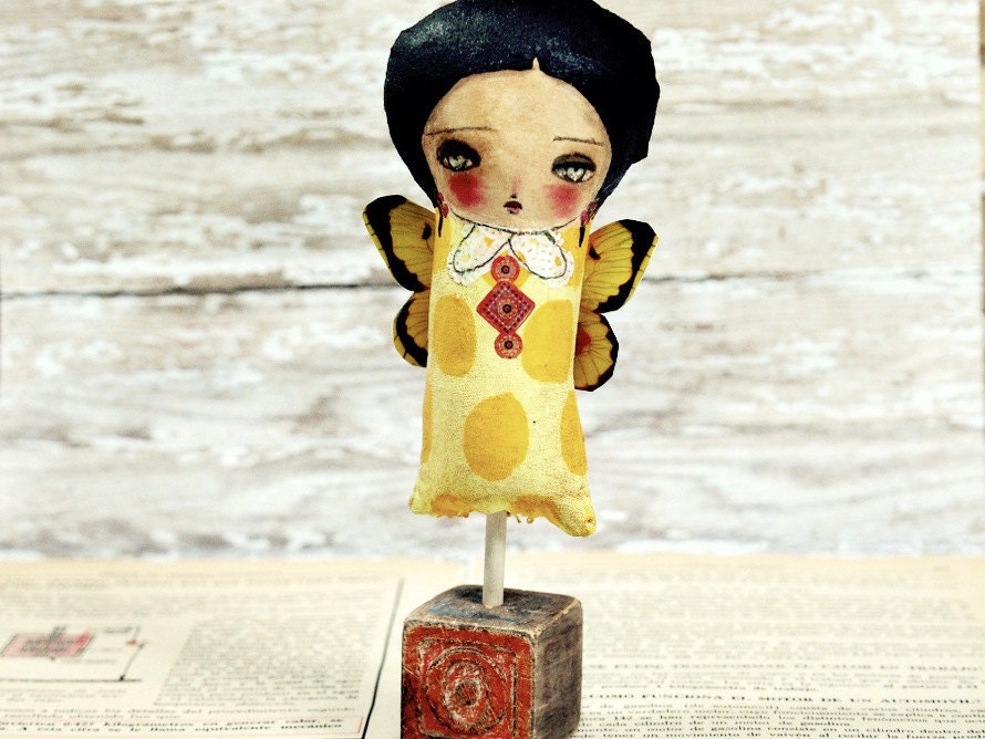 Verna The Spring Fairy - Original Mixed Media Fabric Collage Art Doll On Wood (7 x 3 x 1.5)