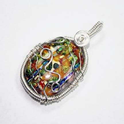 Wire Wrap LOVE Fused Dichroic Glass 3D Sculpture Pendant with Necklace