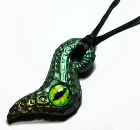 Metallic Green Gold Baby Dragon Tail with Glass Taxidermy Eye Polymer Clay Pendant with Necklace