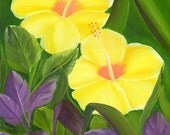 Framed Yellow Hibiscus Painting  / Tropical Flower / Purple Leaf / Yellow Amapolas Original Oil Art by Maria Williams