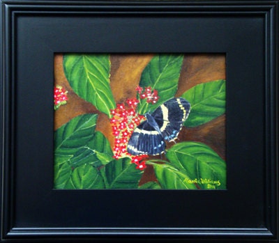 Giant Swallowtail / Black and Yellow Butterfly in the Garden / Framed Original Oil Painting by Maria Williams
