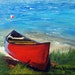 Original Oil Painting / Morning at the Lake / Red Canoe Boat / Buoy / by Maria Williams
