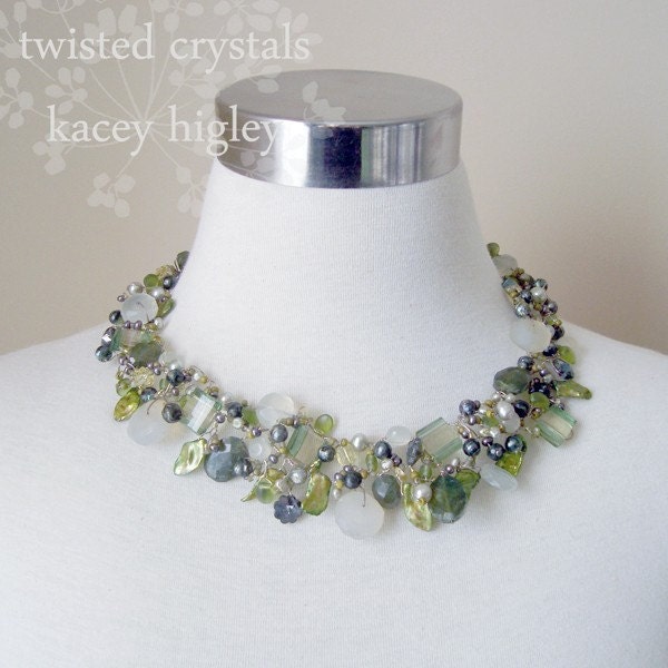 One of a kind...  sterling and natural stone collar necklace in natural greens, yellows and clear.  For your wedding and favorite dress.