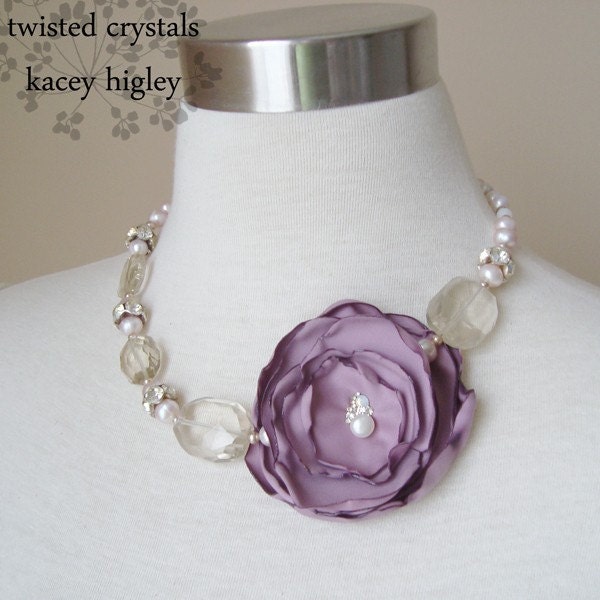 One of a kind necklace.  Fresh water pearls, Swarovski, quartz and mauve cloth flower necklace in Sterling.