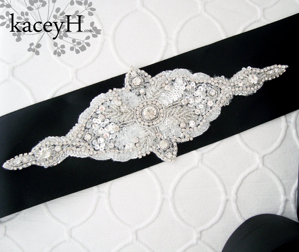 Bridal sash. Delicate white rhinestone jeweled piece on a black satin sash.  Ready to ship.