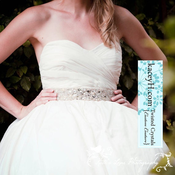 Crystal jeweled wedding sash belt custom order deposit, hand made with Swarovski crystals, fresh water pearls, dainty glass beads.