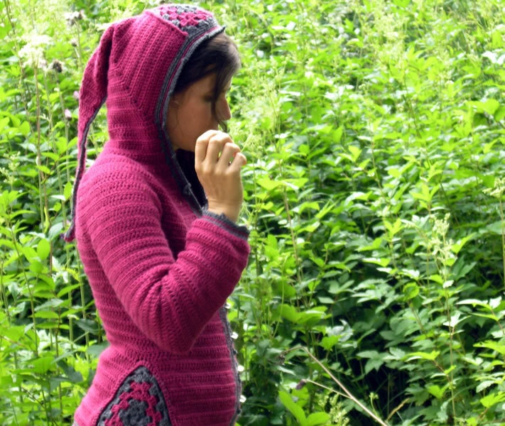 PDF crochet pattern - Hooded cardigan with granny triangle insert - Jehanne cardigan - goblin elf fairy hood liripipe - Sizes XS to XL