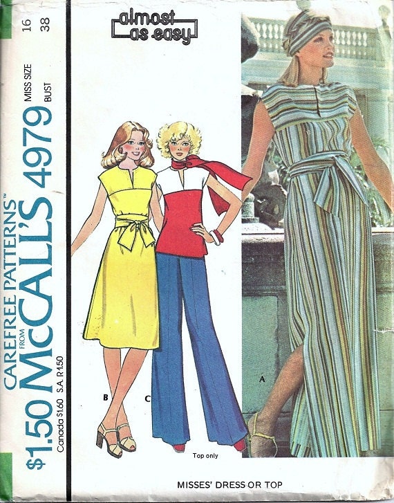 McCalls 4979 Misses Dress, Top, Caftan 70s Vintage Sewing Pattern Size 16