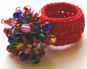 Red Crochet Cocktail Ring - Multicolor Beads - Irrational Exuberance Gift