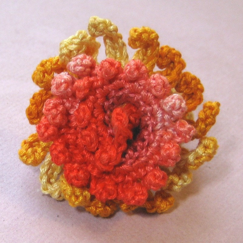Crochet Flower Ring - Tangerine Pink Gold Zinnia Spring Summer 2013