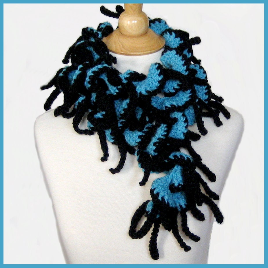Turquoise and Black Scarf Crocheted Merino Wool Tender Tendrils