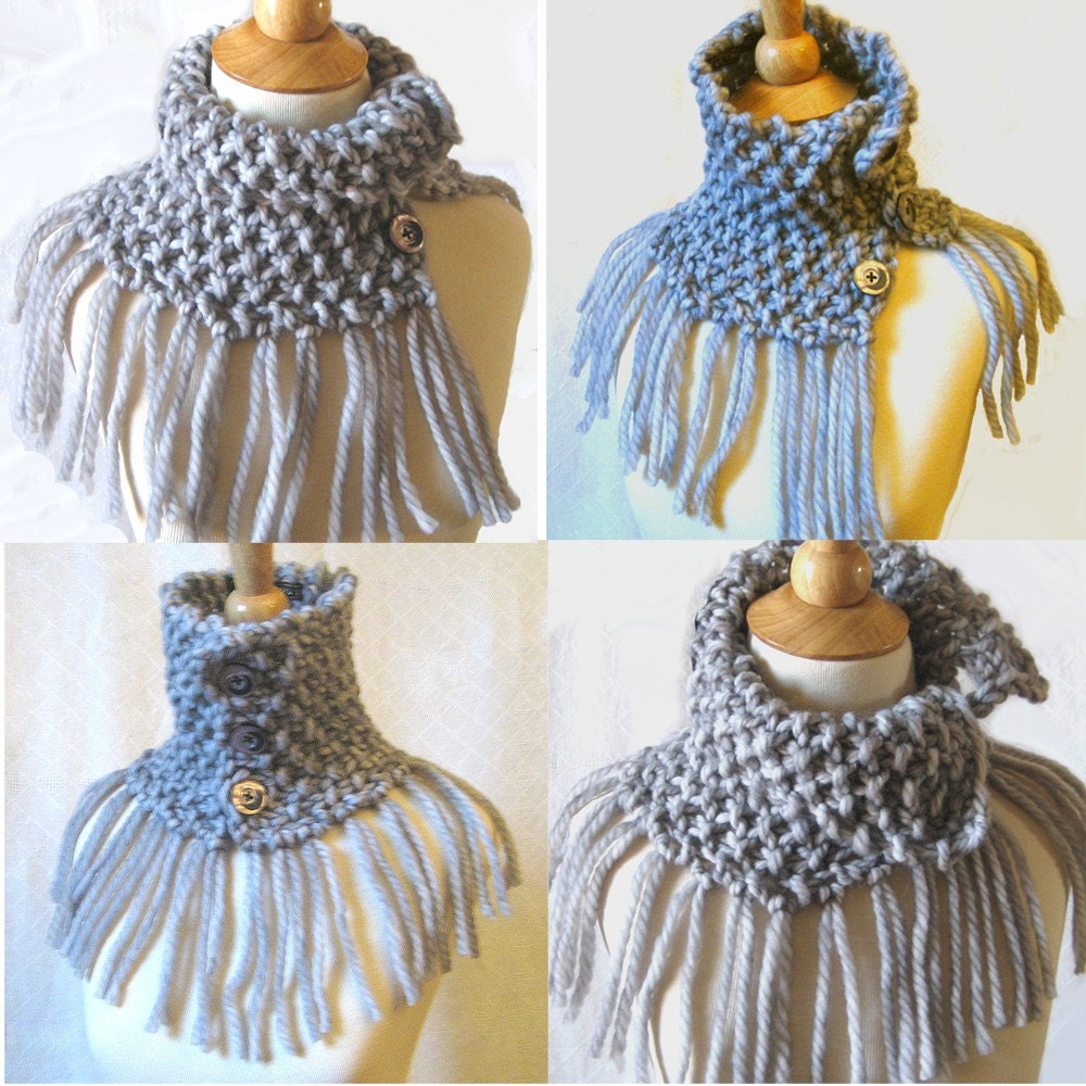Knit Cowl Capelet in Pearl Gray Chunky Fringed Wool