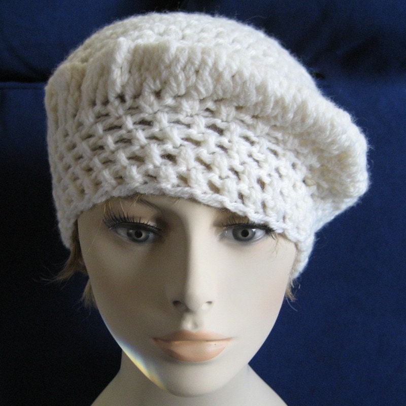 Cream Merino Crochet Tam Beret Hat with Blue Flower Brooch