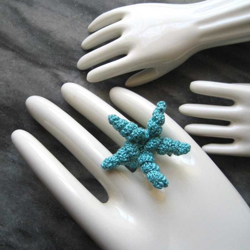 Starfish Ring - Crocheted Cotton - Turquoise Jewelry