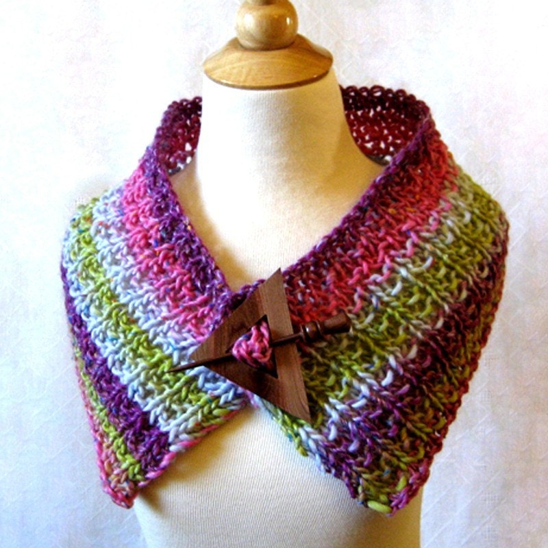 Knitted Wool Wrap with Handmade Brooch in Sensuous Colors