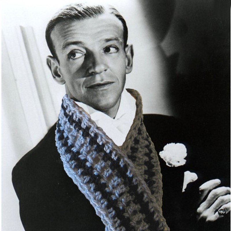 Fred Astaire Crochet Scarf - Movie Star Idol Series - Black and Gray Wool - Holiday Gift