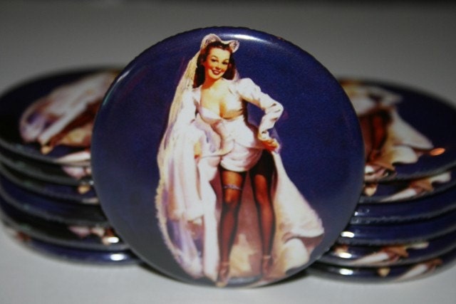 Bachelorette Party Favors,  Pinup Bride Magnets, Button Mirrors OR Bottle Openers, Set of 9
