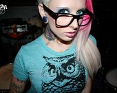 animal clothing, burnout Owl tee. owl t shirt, womens burnout tee, 1AEON turquoise burnout Owl crew neck tee - women's XL