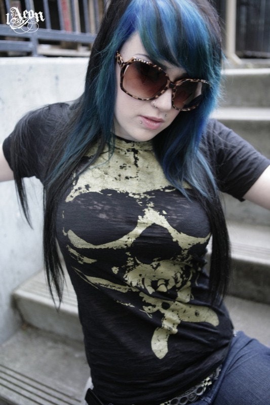 Skull tee, skull tshirt, womens black t, womens clothing,1AEON Soft burnout tee with Epic Giant Golden Skull - womens M
