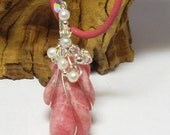Carved Rhodocrosite, Crystal and Pearl Pendant