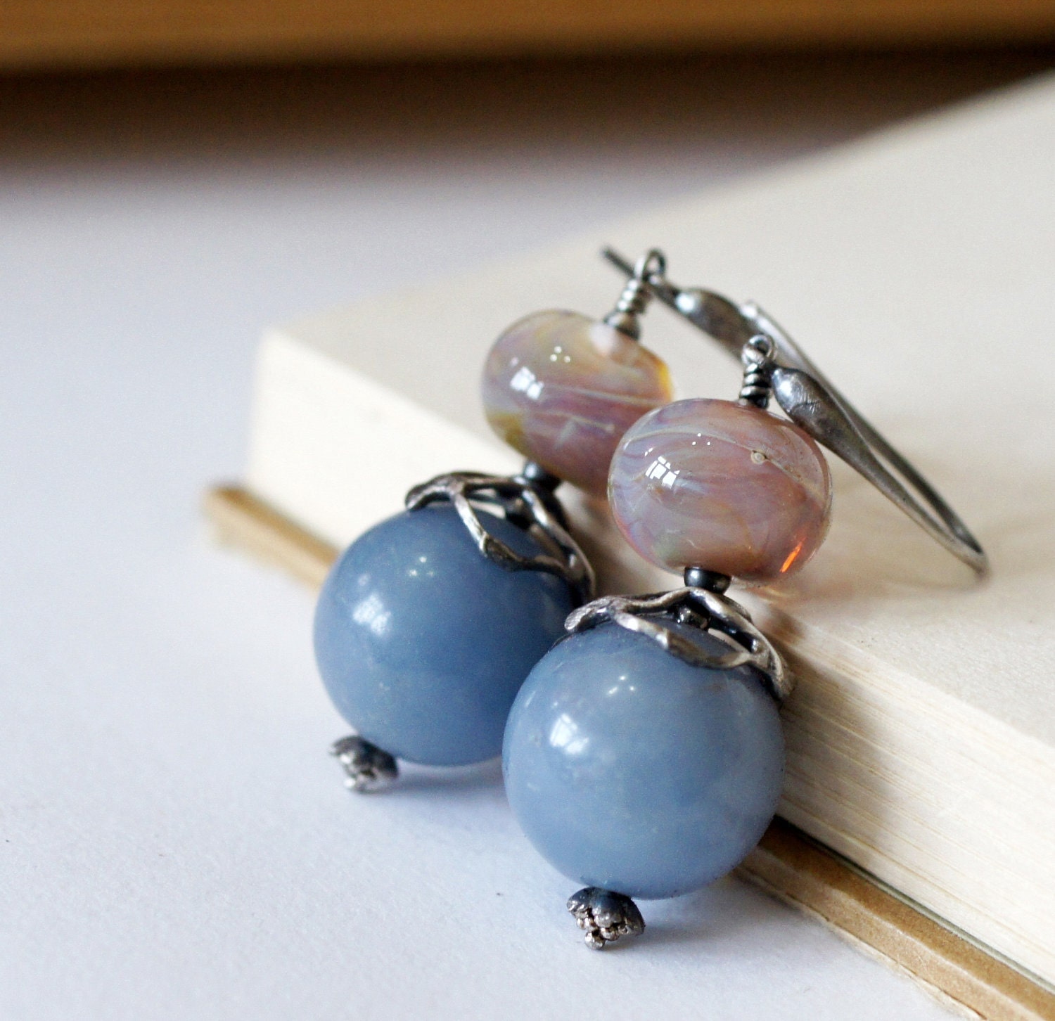 Dusky Blue Angelite Borosilicate Artisan Lampwork glass Sterling Silver Earrings