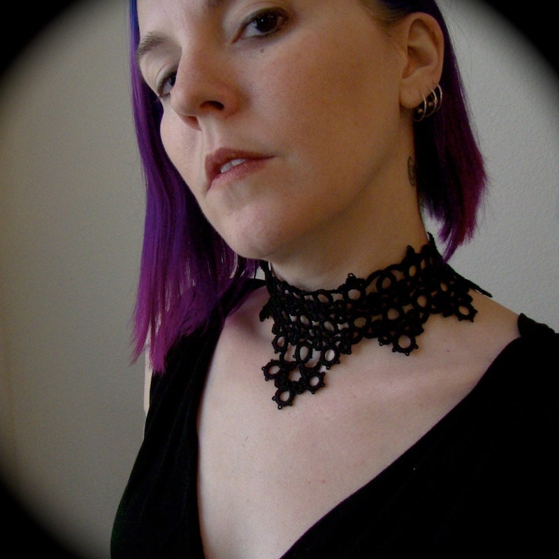 Wide Tatted Lace Choker Necklace - After Midnight - Black