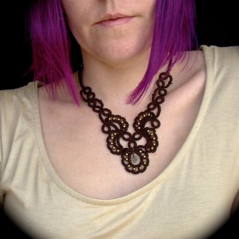 Tatted Lace Necklace - Trailing Scrolls - Chocolate Brown and Brass