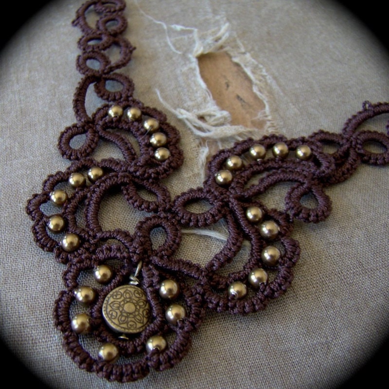 Tatted Lace Necklace - Trailing Scrolls - Chocolate Brown and Brass