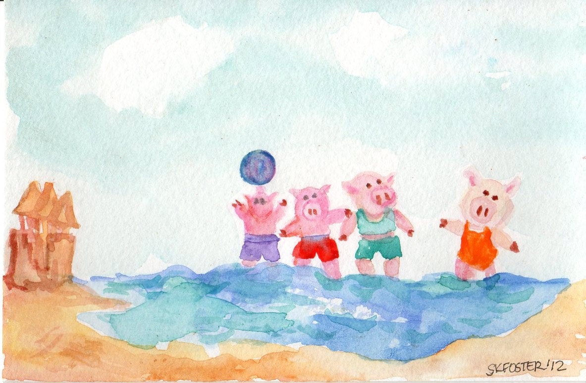 Original  Pigs Playing in the Water at the Beach Painting - PIG ART
