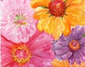 Original Pink, Yellow and Purple Zinnias Watercolor Painting