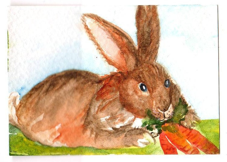 ACEO Original Brown Bunny with Carrots