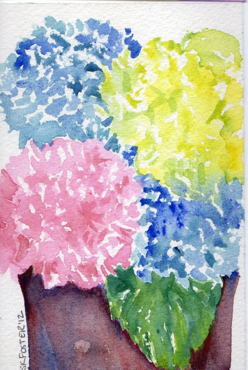 Original Hydrangeas Pink, Blue and Green in pottery vase, watercolor painting 4 x 6