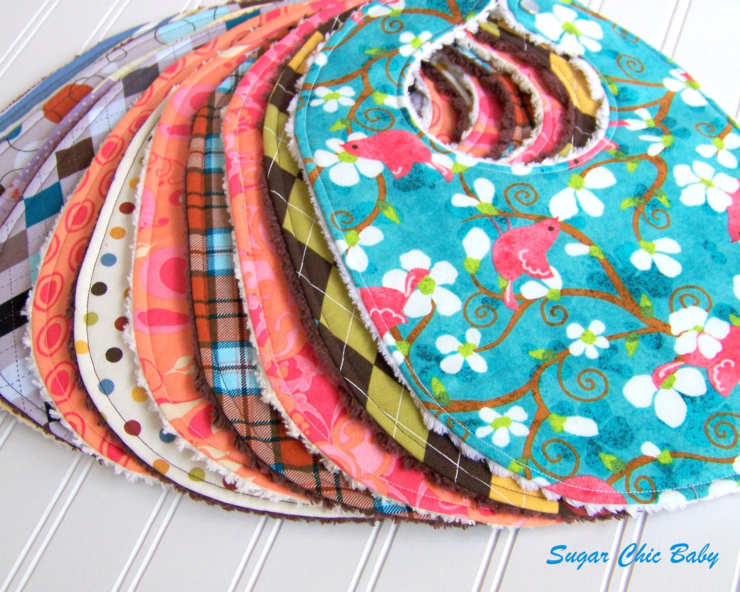 DESIGN YOUR OWN Set of 4 Chenille Baby Bibs  - Gender Neutral For Baby Boy or Baby Girl  -  Choose your fabric