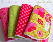 Baby Girl Burp Cloths - Triple Layer Chenille - Set of 4 - Fuchsia,  Pink and Lime Green Floral, Dots & Damask with White Chenille Reverse