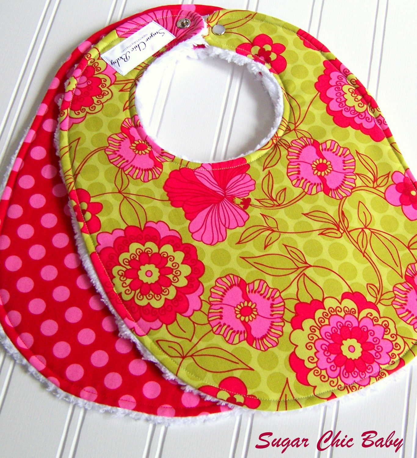Baby Bibs for Baby Girl  - Set of 4 Chenille Bibs  -  Pink and Lime Green  Floral, Dots & Damask
