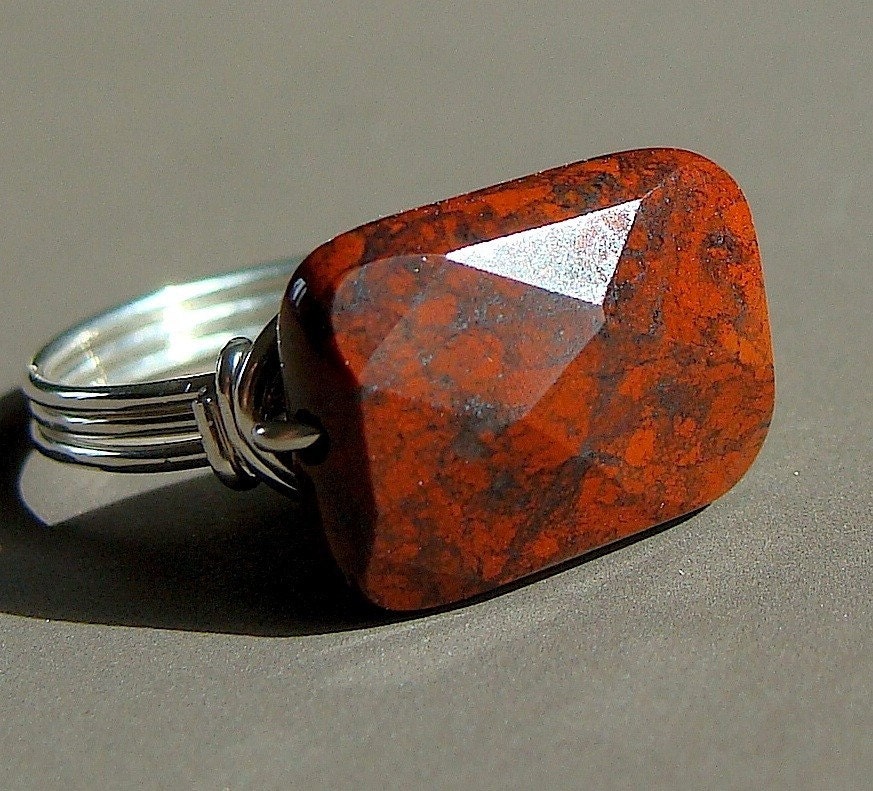 Faceted Rectangle Brecciated Jasper Gemstone Ring Wire Wrapped in Sterling Silver Ring