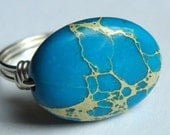 Blue Terra Jasper Sediment Jasper Oval Wire Wrapped in Sterling Silver Gemstone Ring