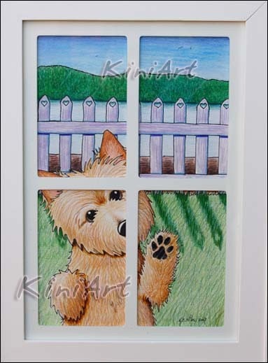 Framed Original Art NORWICH TERRIER Dog KiniArt Window Outsider