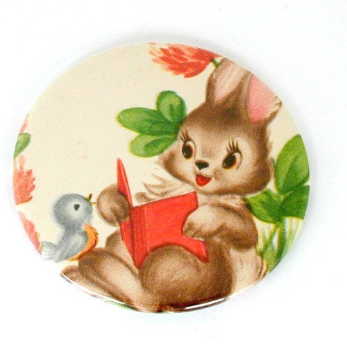 1946 ephemera pocket mirror - bunny reading a book while little bird watches