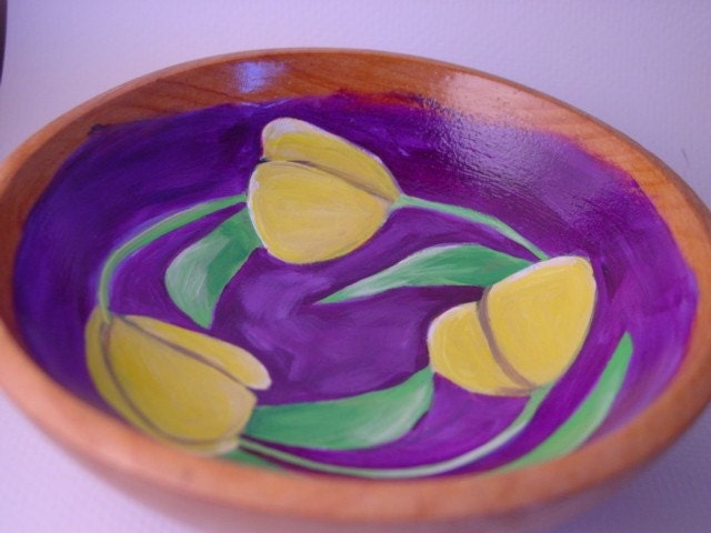 Hand painted wooden bowl painted with Tulips recycle and reuse