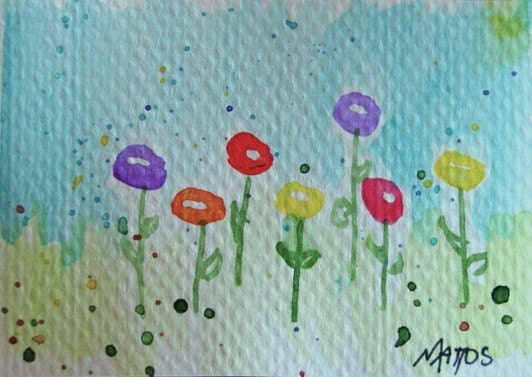 Whimisical ACEO Simple bright little flowers Abstract fun