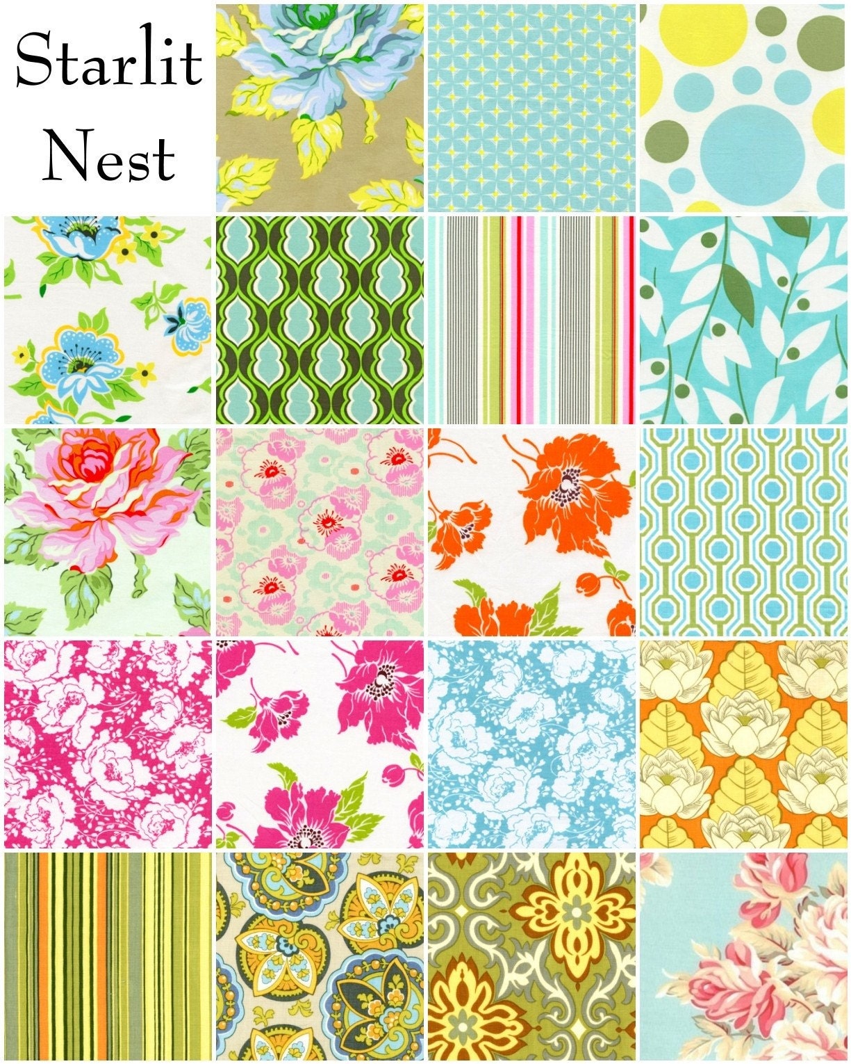 Fifty 5 inch Fabric Squares, Grab Bag From Starlit Nest. Mix of colors and types of prints.