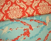 Damask in Saffron & Sparrows in Aqua  Joel Dewberry AVIARY 2  Cotton Quilt Fabric 1 yard