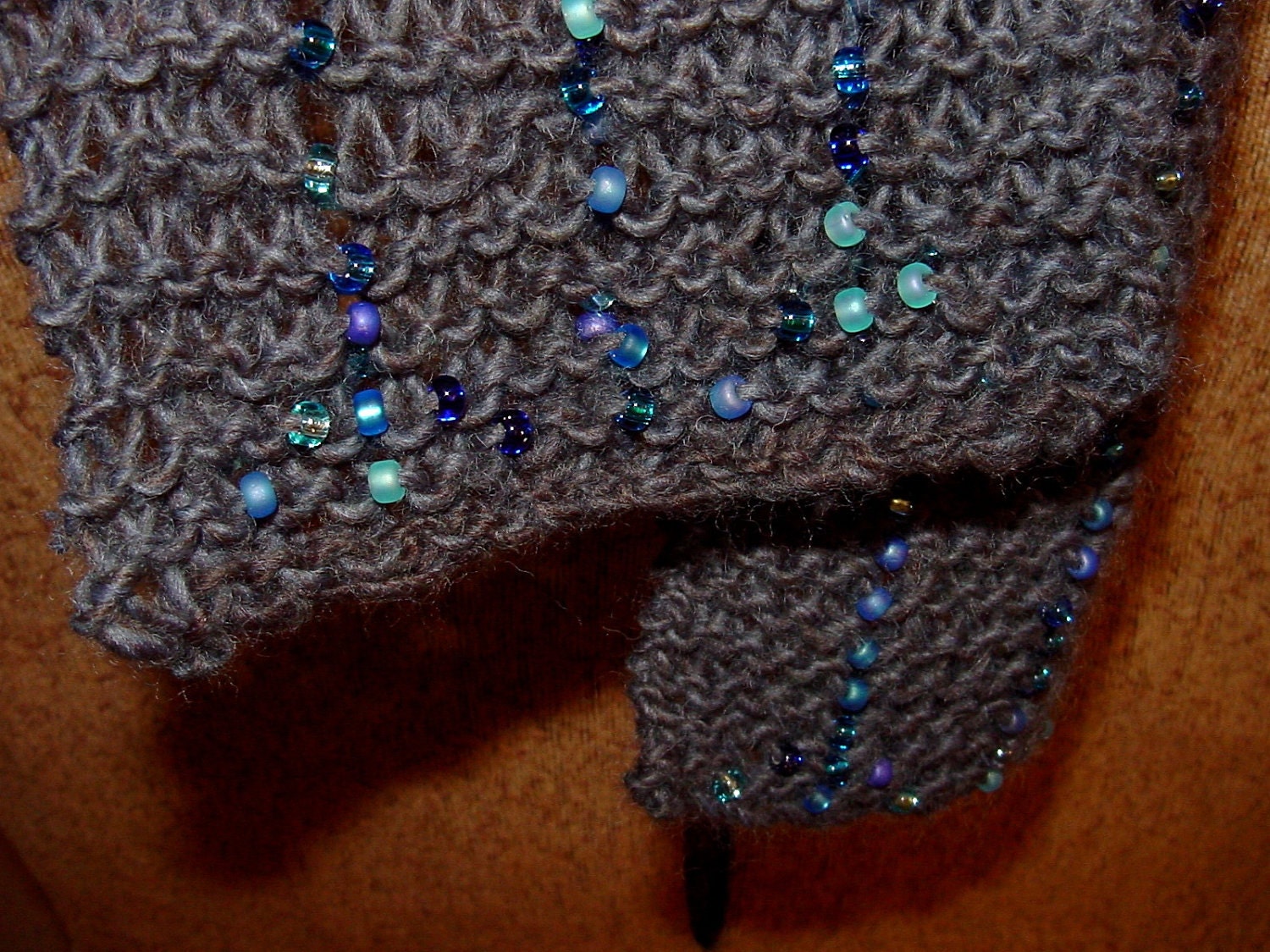 Hand Knit Beaded Scarf Amazing Yarn Miyuki Glass Blue Beads Shaded Gray Scarf Free Shipping
