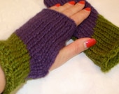 Handmade Knit Gauntlets Fingerless Gloves Acrylic Purple Violet Green Warm NEW FREE SHIPPING