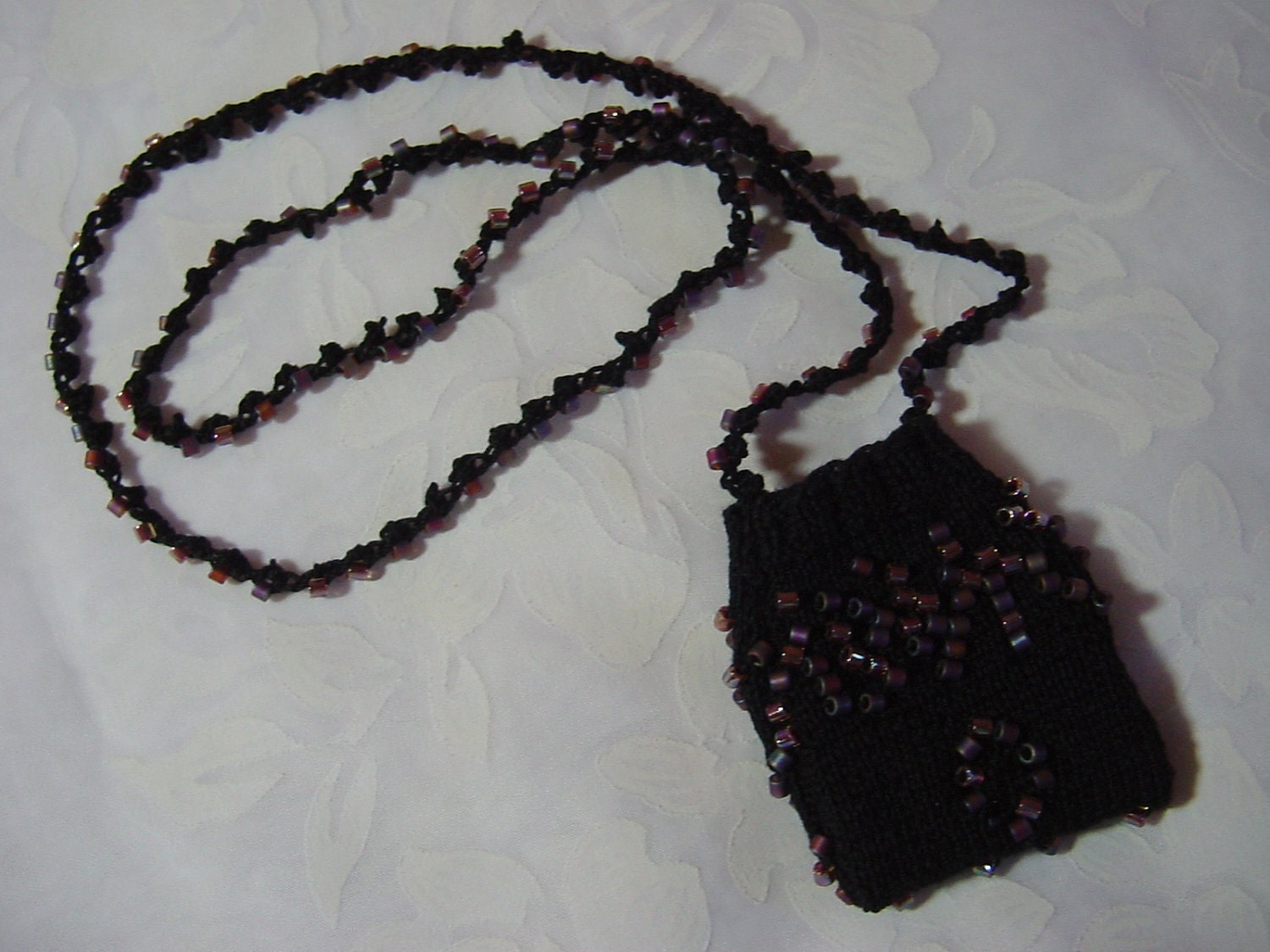 Hand Knit & Beaded Amulet Bag Reversible 2 patterns Long strap Matte Delica Bead Free Shipping